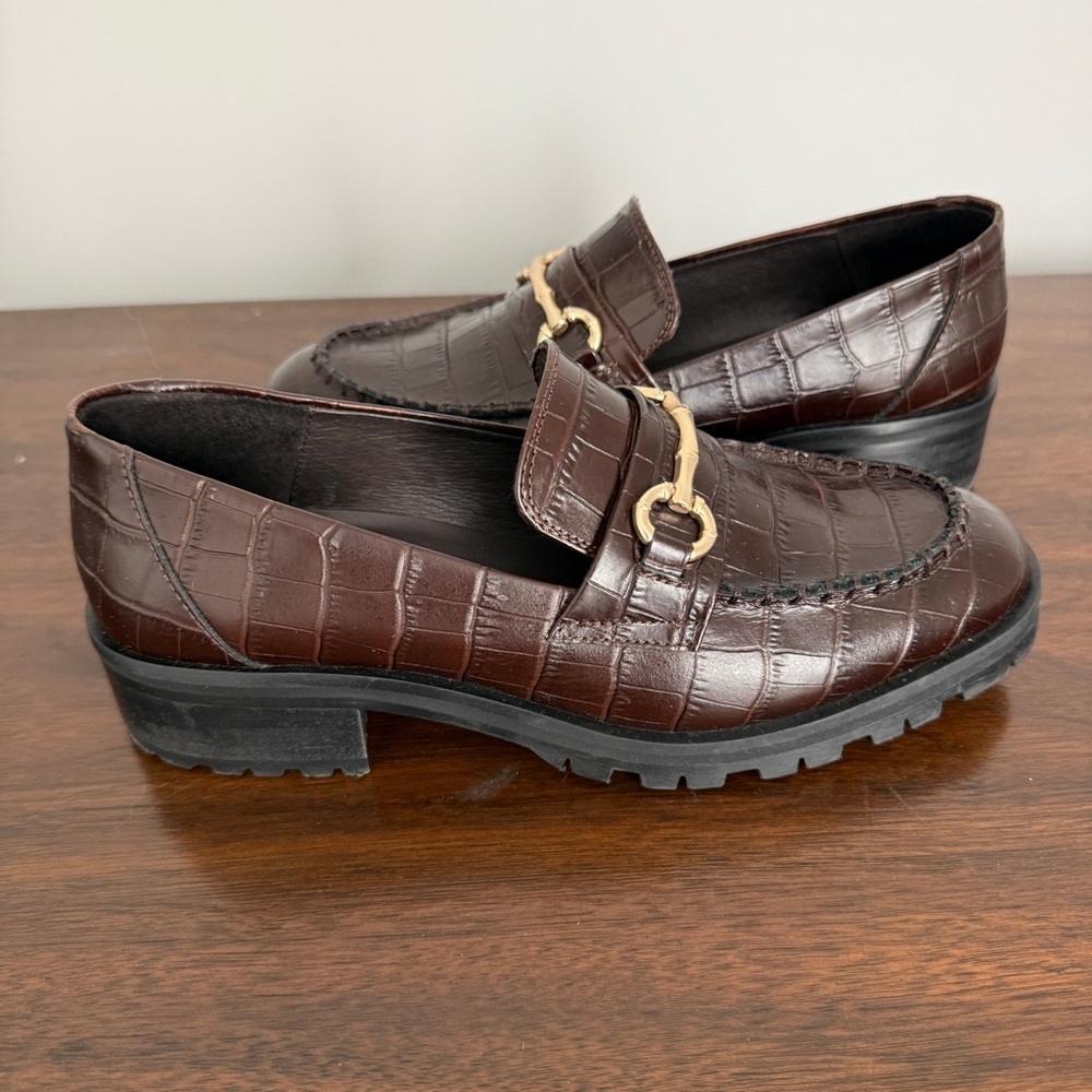 J MCLAUGHLIN MONIKA PENNY LOAFERS BROWN LEATHER CROC LUG SOLE HORSE BIT DETAIL 7 - Picture 4 of 11